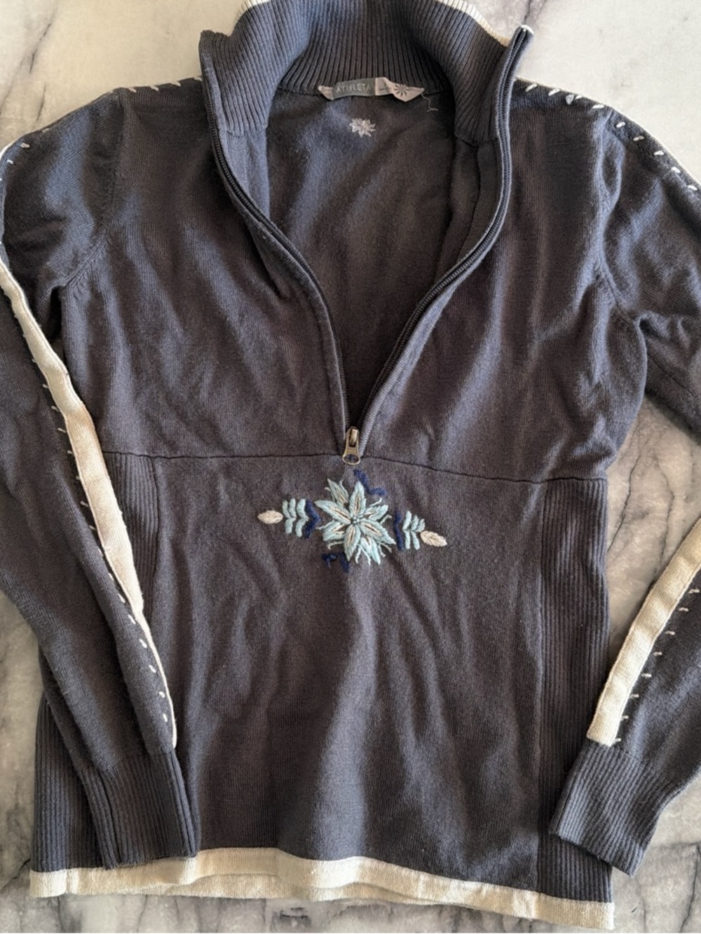 Athleta Navy Half-Zip Turtleneck Sweater with Light Blue Snowflake Embroidery